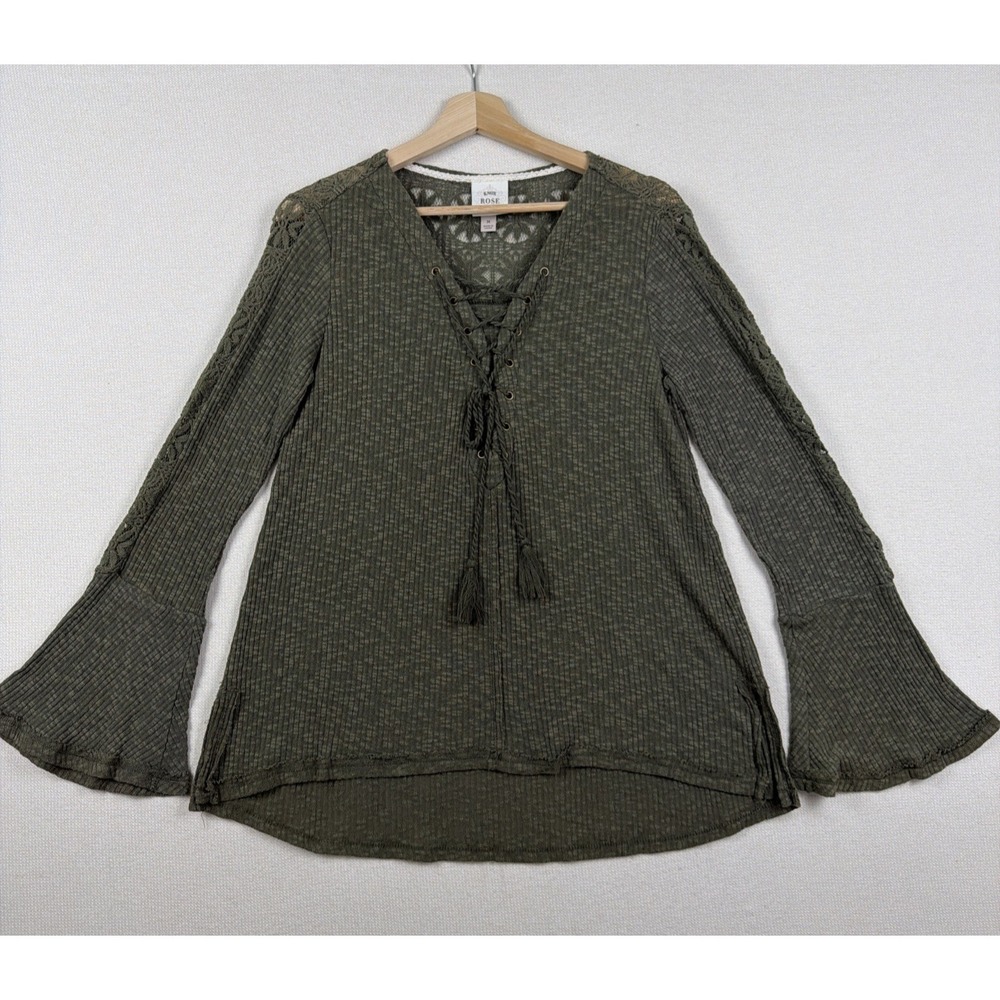 Knox Rose Women's Olive Green Peasant Boho Top Size M Tassel‎ Tie Bell Sleeves